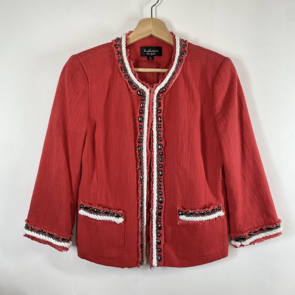 Katherine New York Women's Blazer Jacket 3/4 Sleeve Beaded Fringe Size S Pink